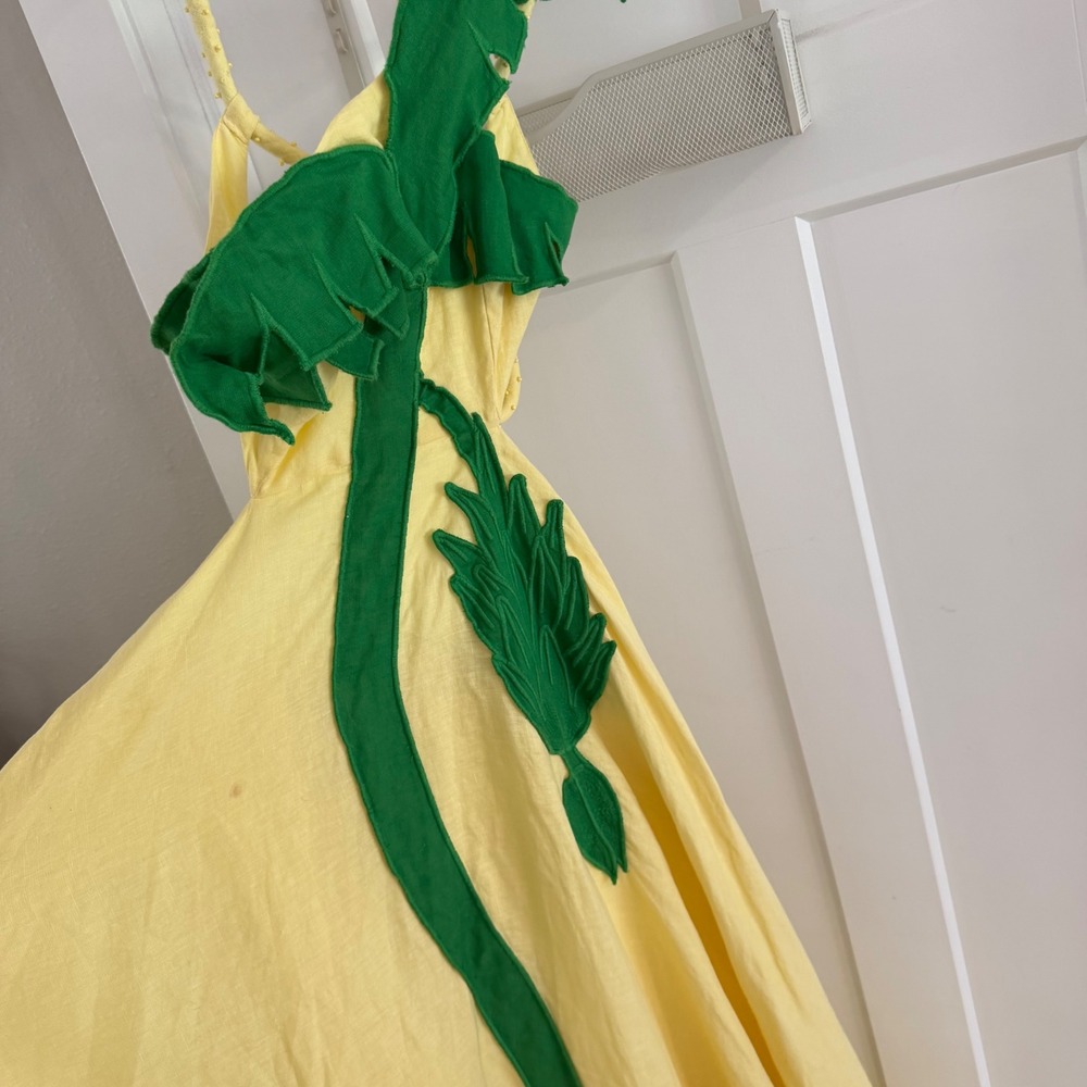 Farm Rio Palm Tree Cutwork Yellow Linen Applique Maxi Dress Maximalist Vacation - Picture 11 of 12